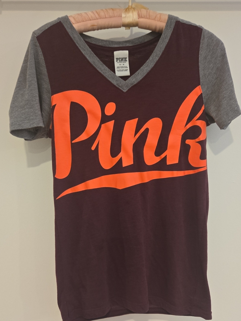 PINK Victoria's Secret Maroon Tee with Gray Sleeves and Orange Logo